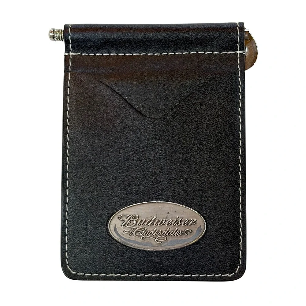Budweiser Money Clip Wallet Black Leather Bifold Silver Clydesdales Logo VTG